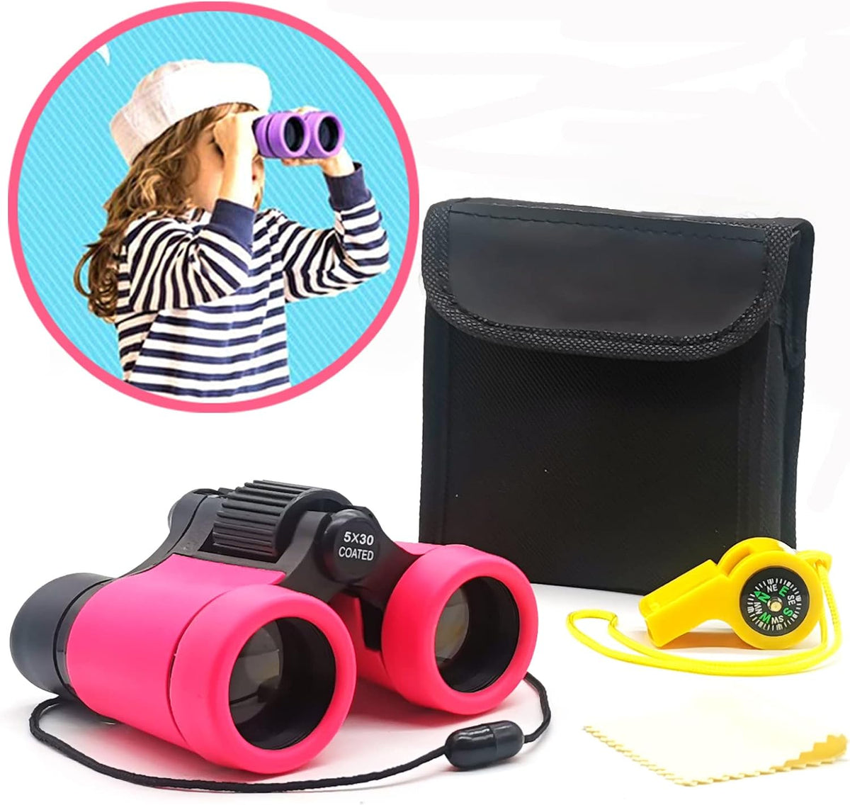 Kids Binoculars Ages 3-12 with Compass & Whistle – Fun for Kids & Family - Pink