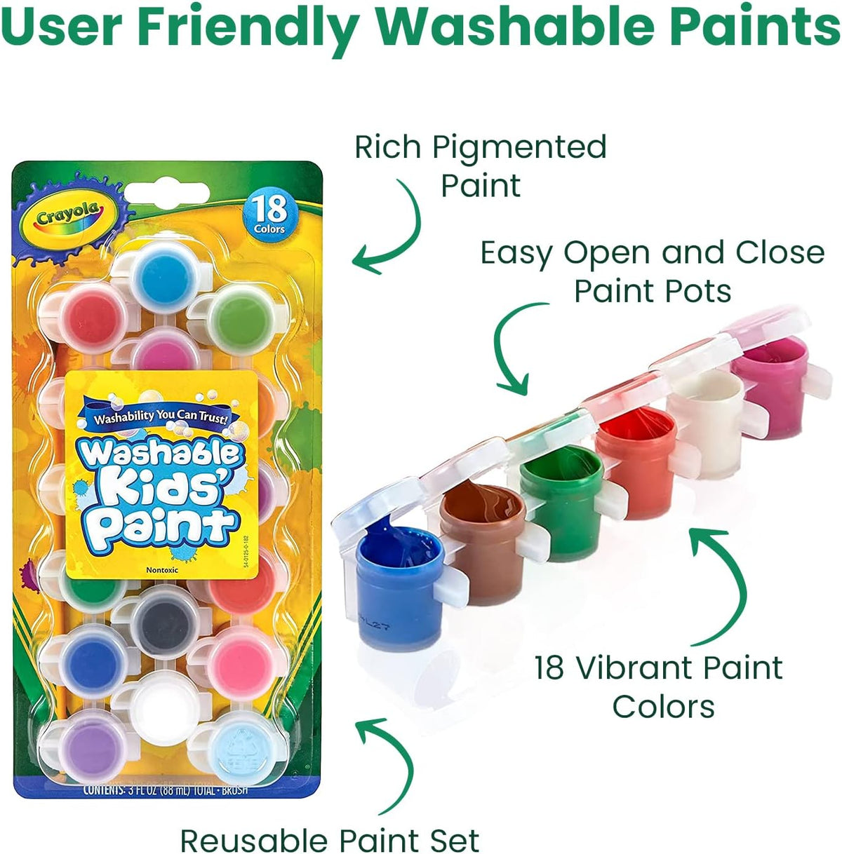 Kids painting set with 18 pots of washable paint in strips and 8 kids paint brushes - view 3