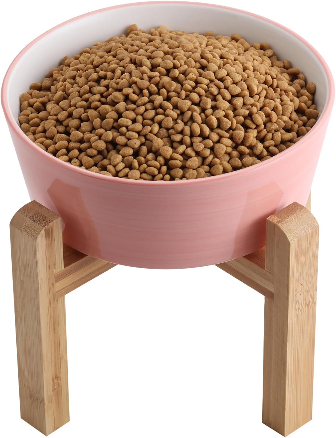 Black Elevated/Raised Dog Bowl Ceramic with Wood Stand for Medium - Pink Wide Mouth / 8 Inch