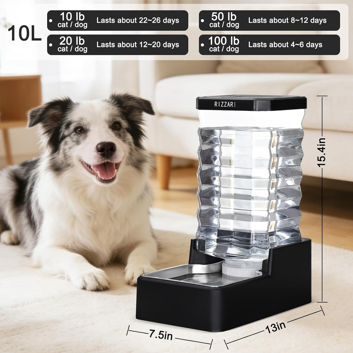 2.4Gallon Dog Water Bowl Dispenser for Dogs:Leak Resistant Waterer – Essentials for Dogs - Black with Lid / 10L - image 3
