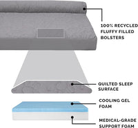 Furhaven Cooling Gel Dog Bed for Medium/Small Dogs w/ Removable Bolsters & Washable Cover, For Dogs Up to 35 lbs - Pinsonic Quilted Paw L Shaped Chaise - Titanium, Medium