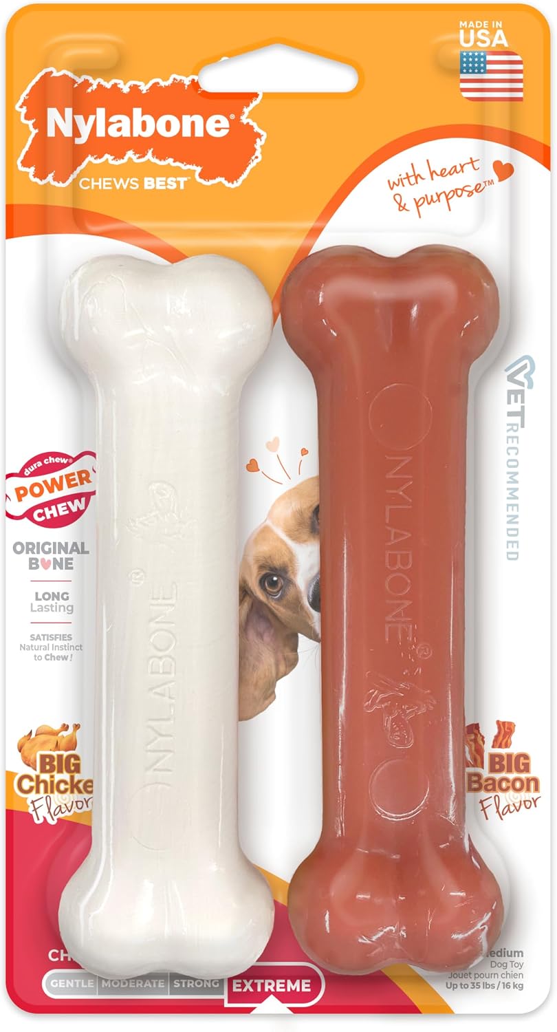 Nylabone Power Chew Original Bone Dog Chew Toys - Bacon & Chicken / Medium
