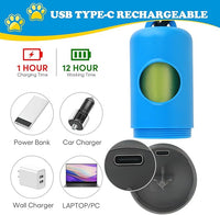 Rechargeable Dog Poop Bag Dispenser With Safety LED Flashlight, Pet Waste Bag Holder with Carabiner Clip For Leash, Collar,Harness, and 15 PCS Extra Thick Doggy Waste Bags