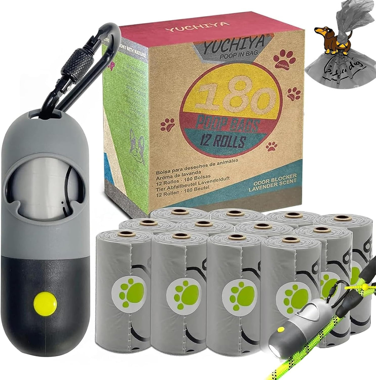 Dog Poop Waste Bags Holder with LED Flashlight - 1 Count (Pack of 13) / Grey