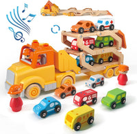 Wanborns car carrier truck toy in yellow with 6 wooden cars and fold-out 30in slide - view 2