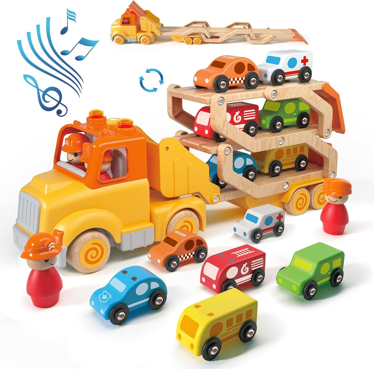 Wanborns car carrier truck toy in yellow with 6 wooden cars and fold-out 30in slide - view 2