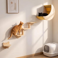 Cat Wall Shelves Set, Solid Wood Moon Bed - moon bed with 3-level stairs