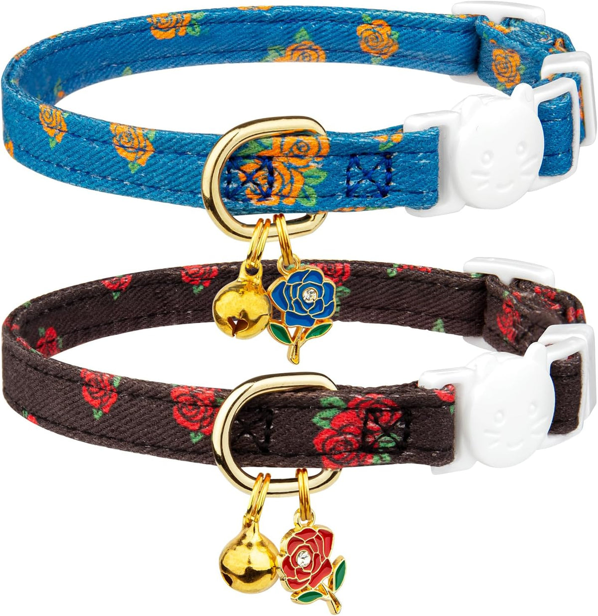 2 Pack Cotton Cat Collar Pink Strawberrie White Heart Cute Kitten - Blue Rose&Black Rose