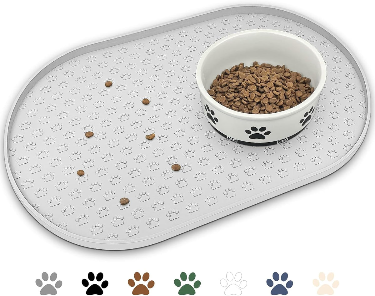 Dog Food Mat Spill-Proof Silicone Dog Bowl Mat Raised Edge Pet - Light Grey / 19"L x 12"W