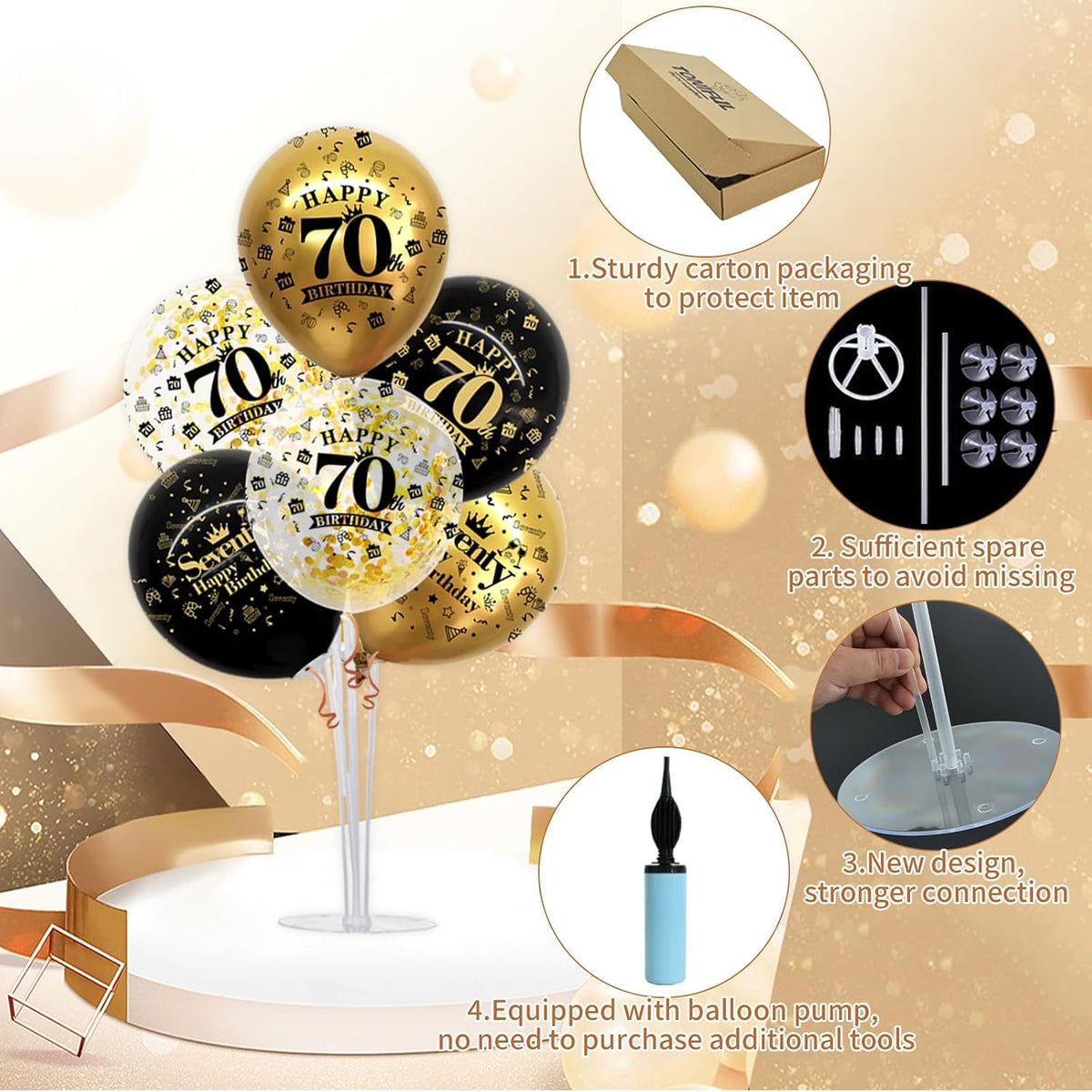 TONIFUL 4 Set Black Gold Balloon Stand Balloon Centerpieces for Table – Fun for Kids & Family - Black Gold-70th / Birthday Balloon Stand - image 3