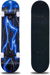 Skateboard,31 x 8 Inch Complete Skateboard, 8-Layer Maple Wood Deck Double Kick Standard - Blue