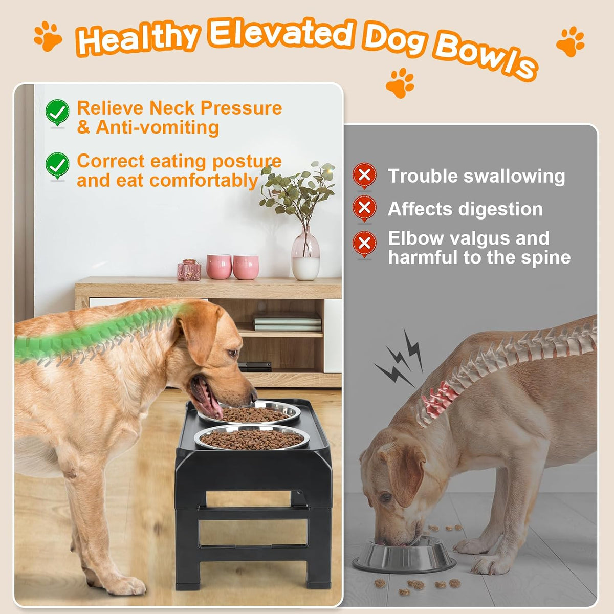 Elevated Bowls, 4 Height Adjustable Raised Stand With 2 Thick 50oz Stainless Steel Food Bowls - Black / 8" for Medium Dogs - image 3