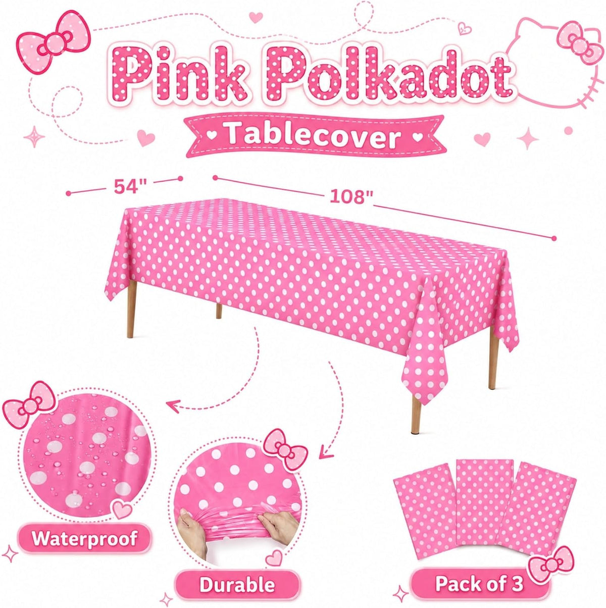 Stone Wall Table Covers, 54"x108" XL, Medieval Party Decorations - Pink Polka Dot (Pack of 3) - image 2