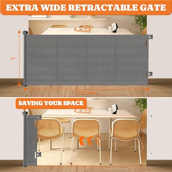Upgrade 71" Retractable Baby Gates with Reinforced Strips, 41" Tall Retractable Gate Indoor for Baby and Pet, Outdoor Dog Gates for Stairs, Doorways, Hallways-Grey