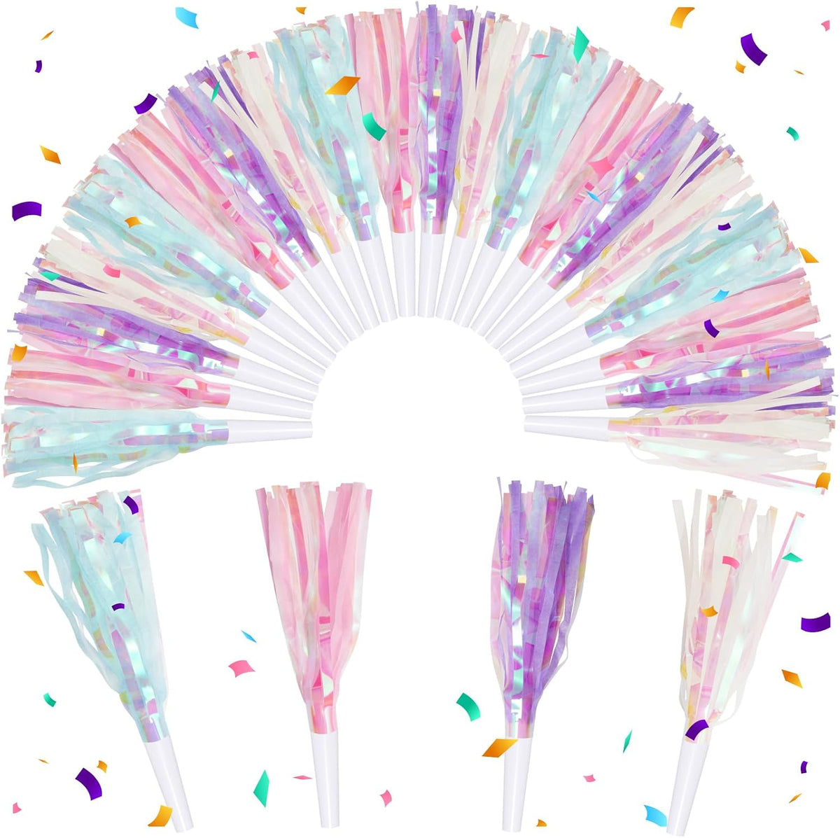 Mermaid party blowers with glitter metallic fringe in pink, purple, white and blue - view 2