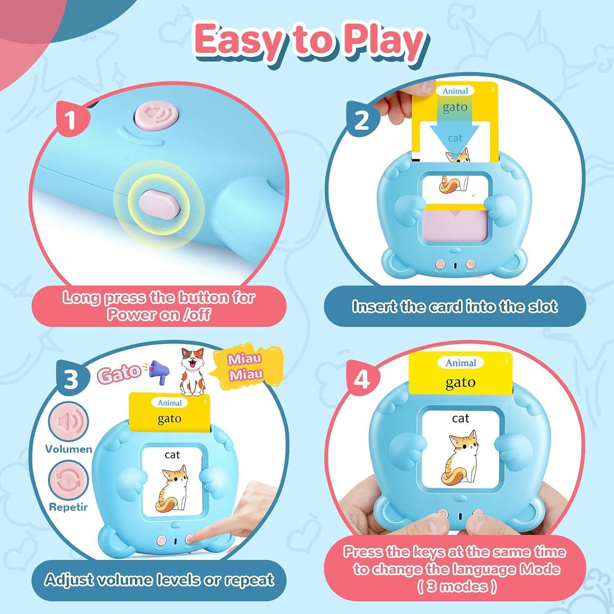 Spanish & English Talking Flash Cards for Toddler - Blue / 510 Words Spanish & English (ABC+123+3 Songs) - image 3