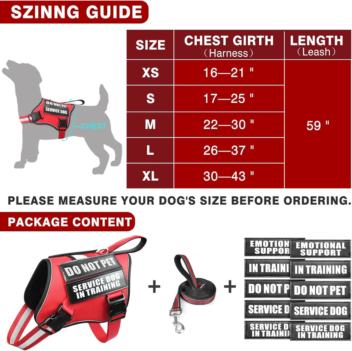 Service Dog Vest Harness and Leash Set+10 Patches - Large / Red - image 2