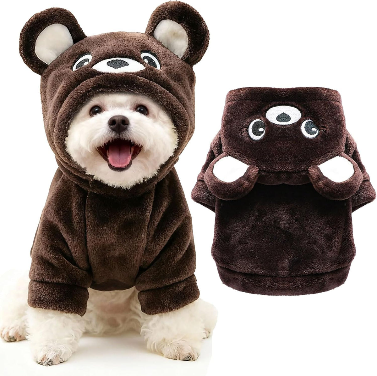 Dog Hoodie with Bear Ears Fleece Dog Sweater for Small Dogs French - Brown / X-small