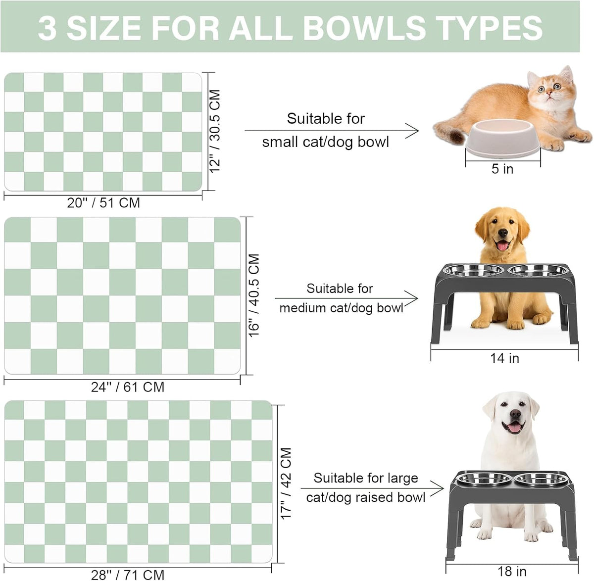 Cat Food Mat, 12"x 20" Cat Dog Mats for Food and Water Bowl - 16"L x 24"W / Green & White - image 3