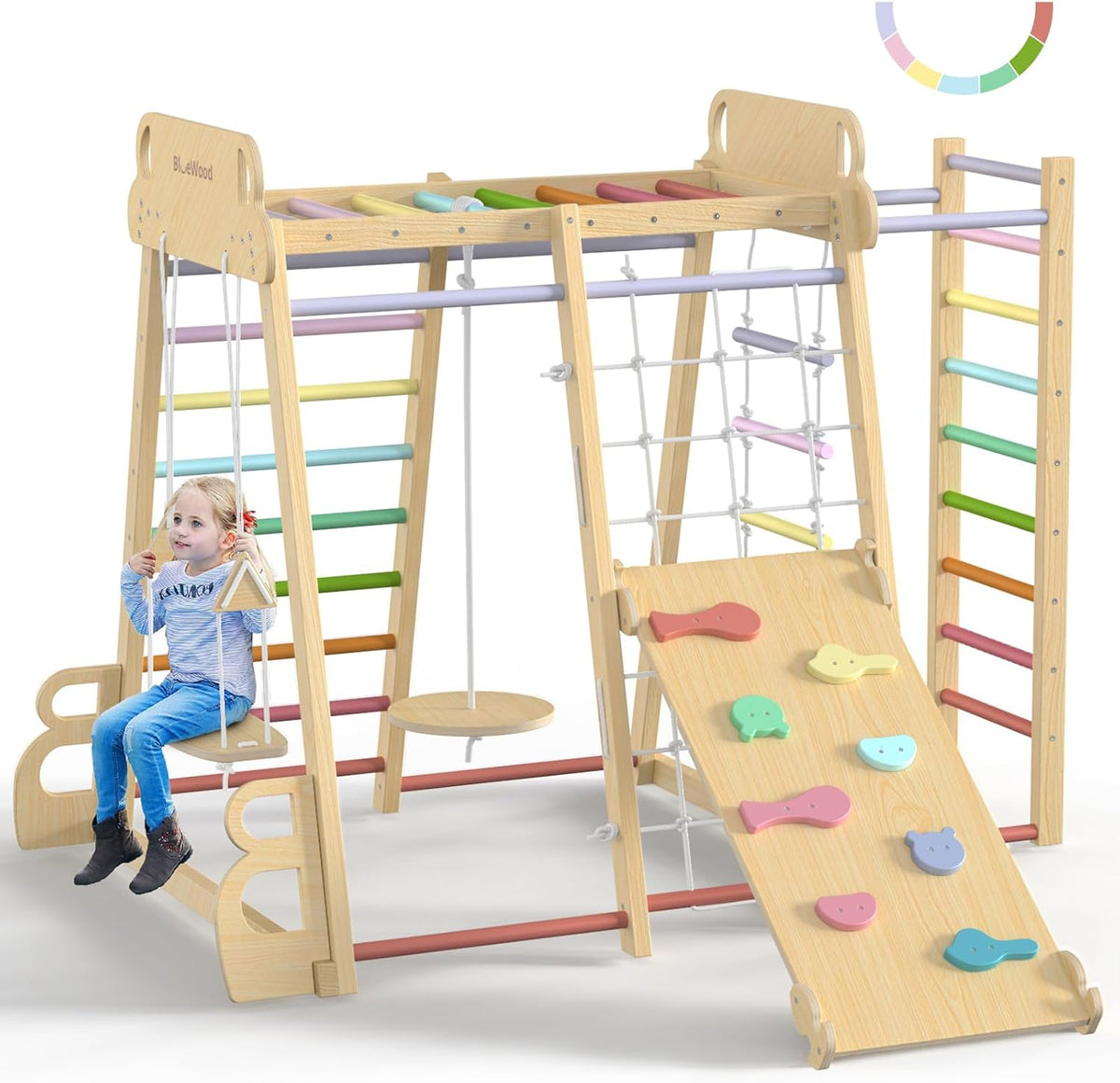 BlueWood Upgraded Indoor Jungle Gym 9-in-1 Playground Kids Climbing - Rainbow / 9-in-1
