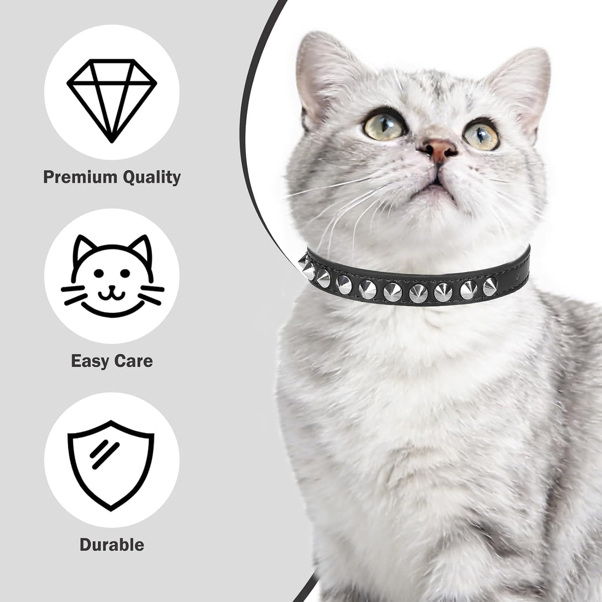 Leather Cat Collar, Breakaway Kitten Collars with Bell, Black – Essentials for Small Pets - Black_Studded / 7"-9" For Cats(Pack of 1) - image 3