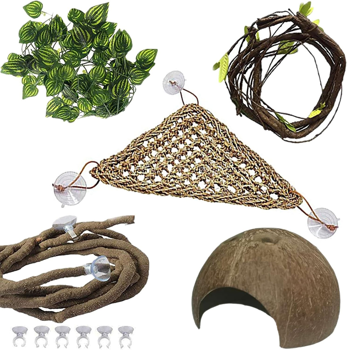 PINVNBY Bearded Dragon Tank Accessories - 【Coconut Shell+Triangle Hammock Decor】