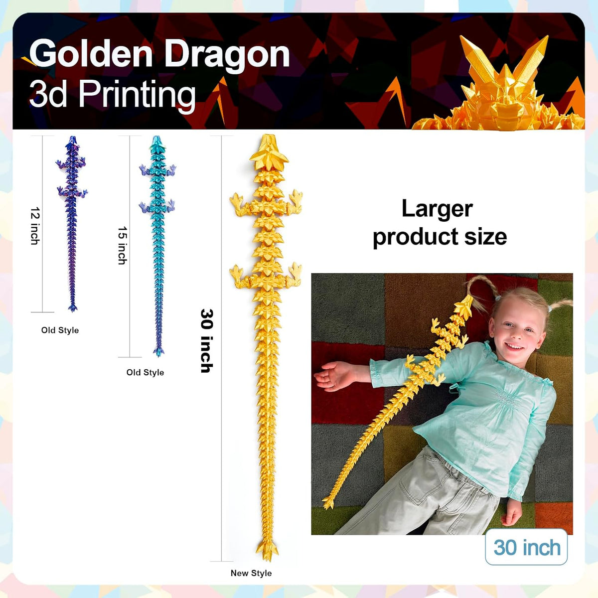 3D Printed Dragon 24 Inch - Gold / 30in - image 3