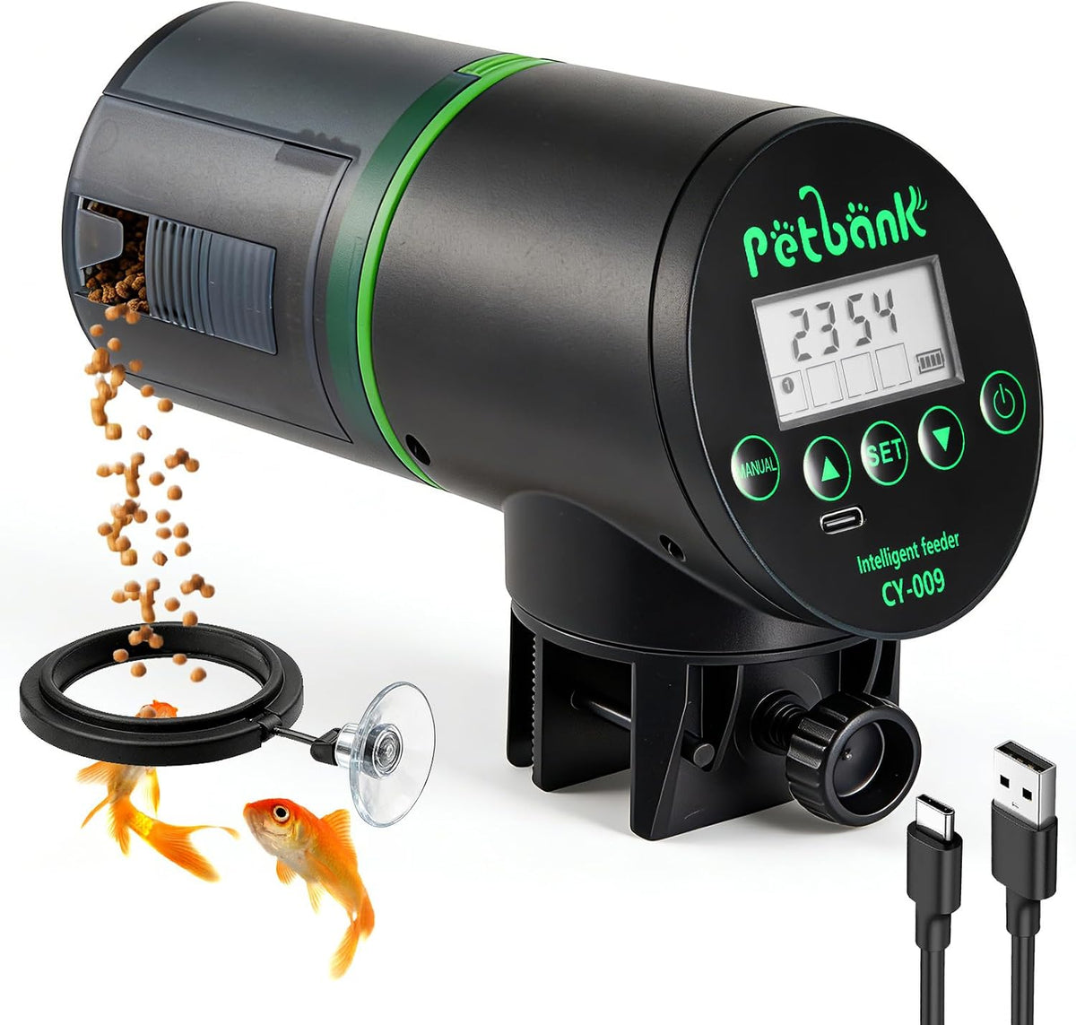 Automatic Fish Feeder for Aquarium Easy Setup & 4 Timers Green – Essentials for Fish - Black / CY-009-LCD Screen