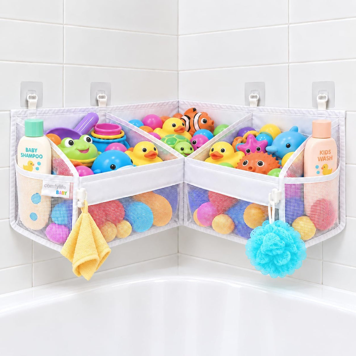 2 x Mesh Bath Toy Organizer + 8 Ultra Strong Hooks - White Corner XL
