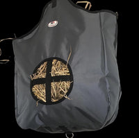 Majestic Ally Nylon Hay Feeder Tote Bag for Horse, Goat, Sheep - Double Sides Open Feed Hole with Faux Leather Ventilated Bottom- Premium Quality -Simulates Grazing - Reduces Waste (Dark Gray)