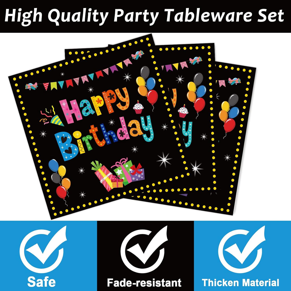 Tevxj navy blue and silver happy birthday tableware set with plates, napkins and forks for 24 - view 30
