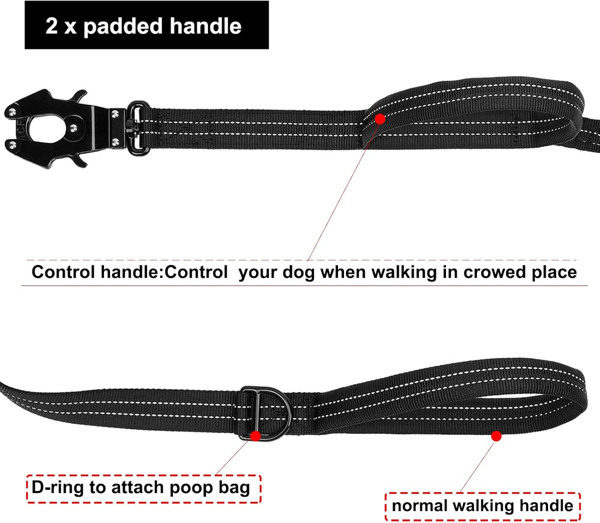 Tactical Dog Leash with Quick-Release Metal Clasp - 4 FT / Reflective Black - image 3