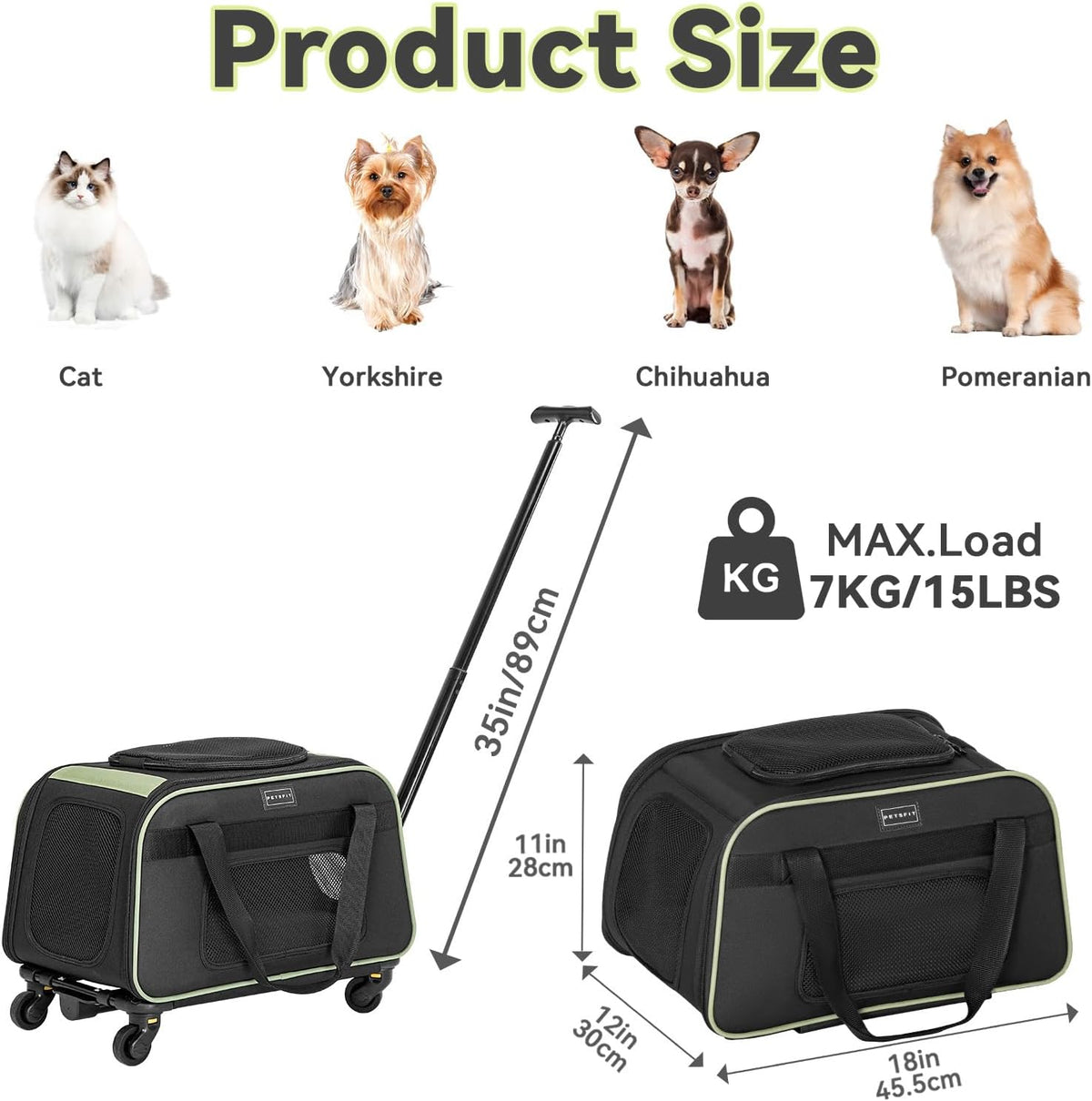 Petsfit Cat Carrier with Wheels, Removable Spinner Wheels - 18.0"L x 12.0"W x 14.0"H / Black & Green - image 2