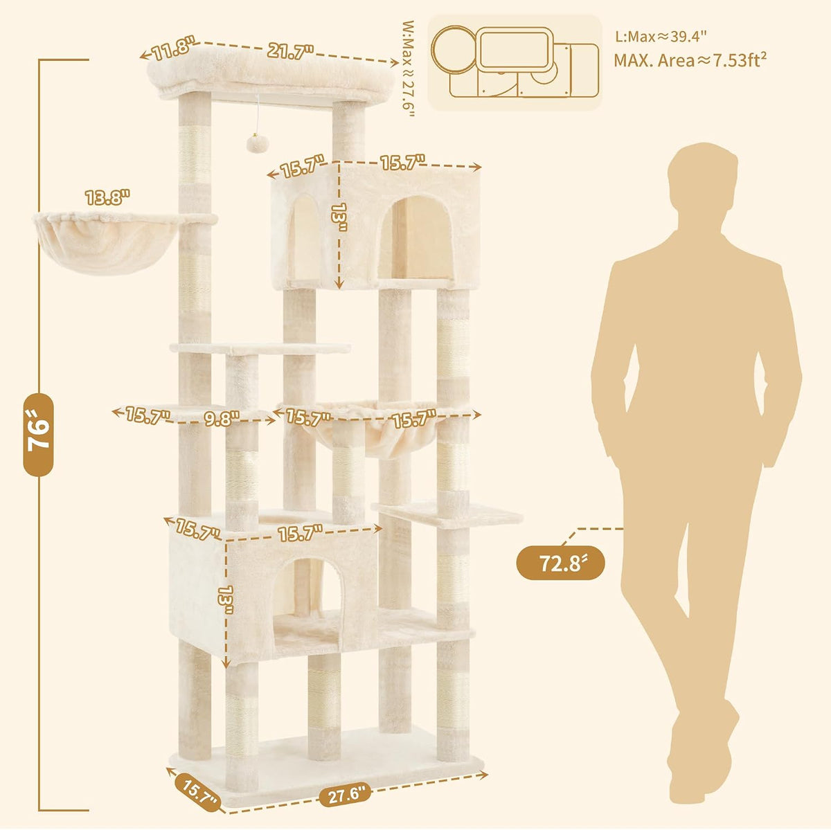 Heybly Cat Tree, 76-Inch Tall Heavy Duty Cat Tower for Big Cats HCT039G – Essentials for Cats - Beige / 76.8 inch - image 2