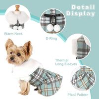 Dog Sweater with Leash Set D Ring Plaid Fleece Dog Clothes for Small - Small (Chest 15in ) / Turquoise with Leash - image 3