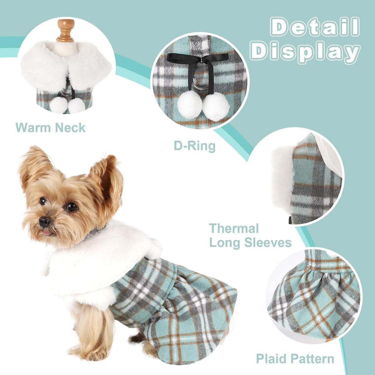 Dog Sweater with Leash Set D Ring Plaid Fleece Dog Clothes for Small - Small (Chest 15in ) / Turquoise with Leash - image 3