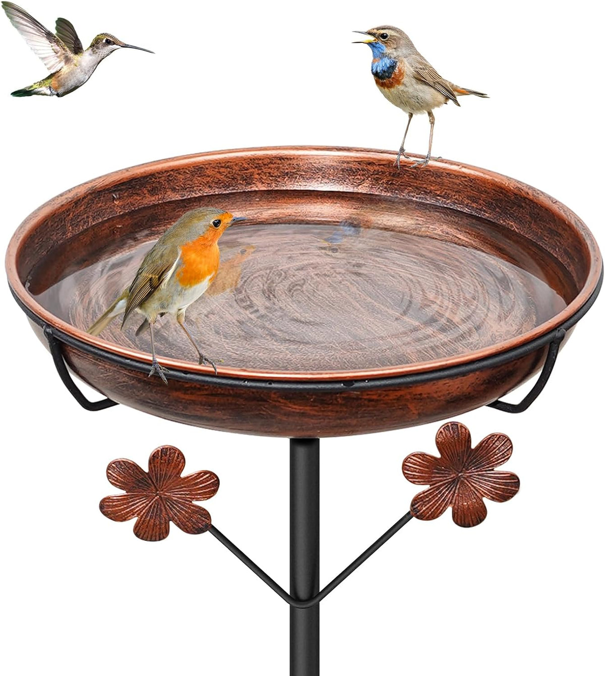 Metal Bird Bath for Outside - Vintage Brown, Flowers