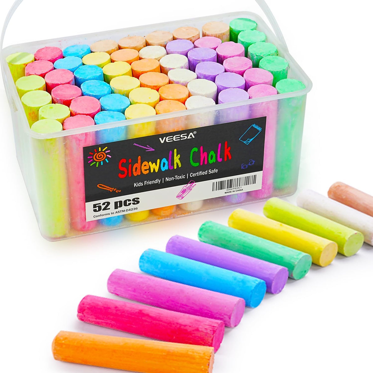 VEESA Washable Sidewalk Chalk for Kids, 10 Bright Colors - 1 Count (Pack of 52)