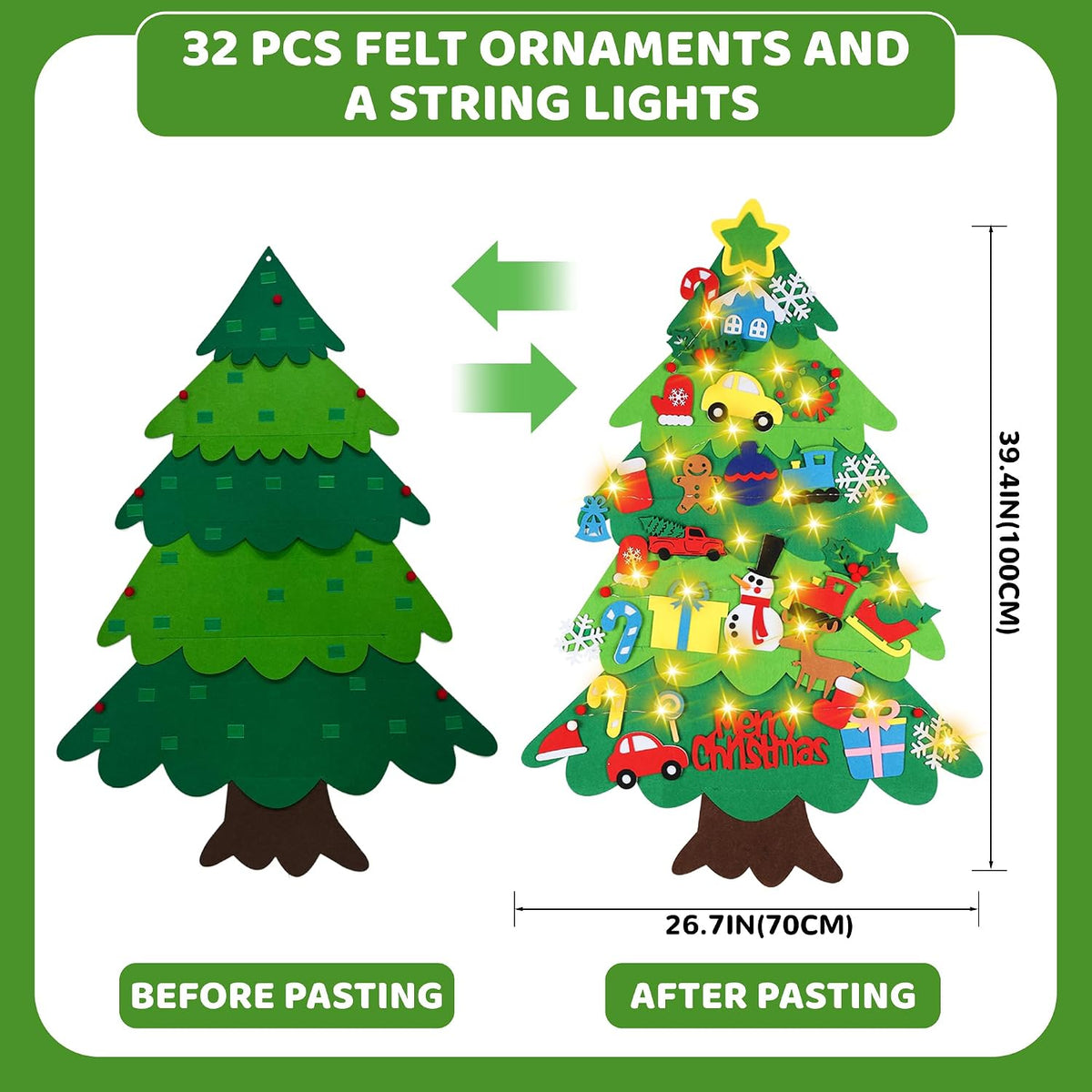 Onekka DIY felt Christmas tree set for kids with 32 felt ornaments and string lights - view 3