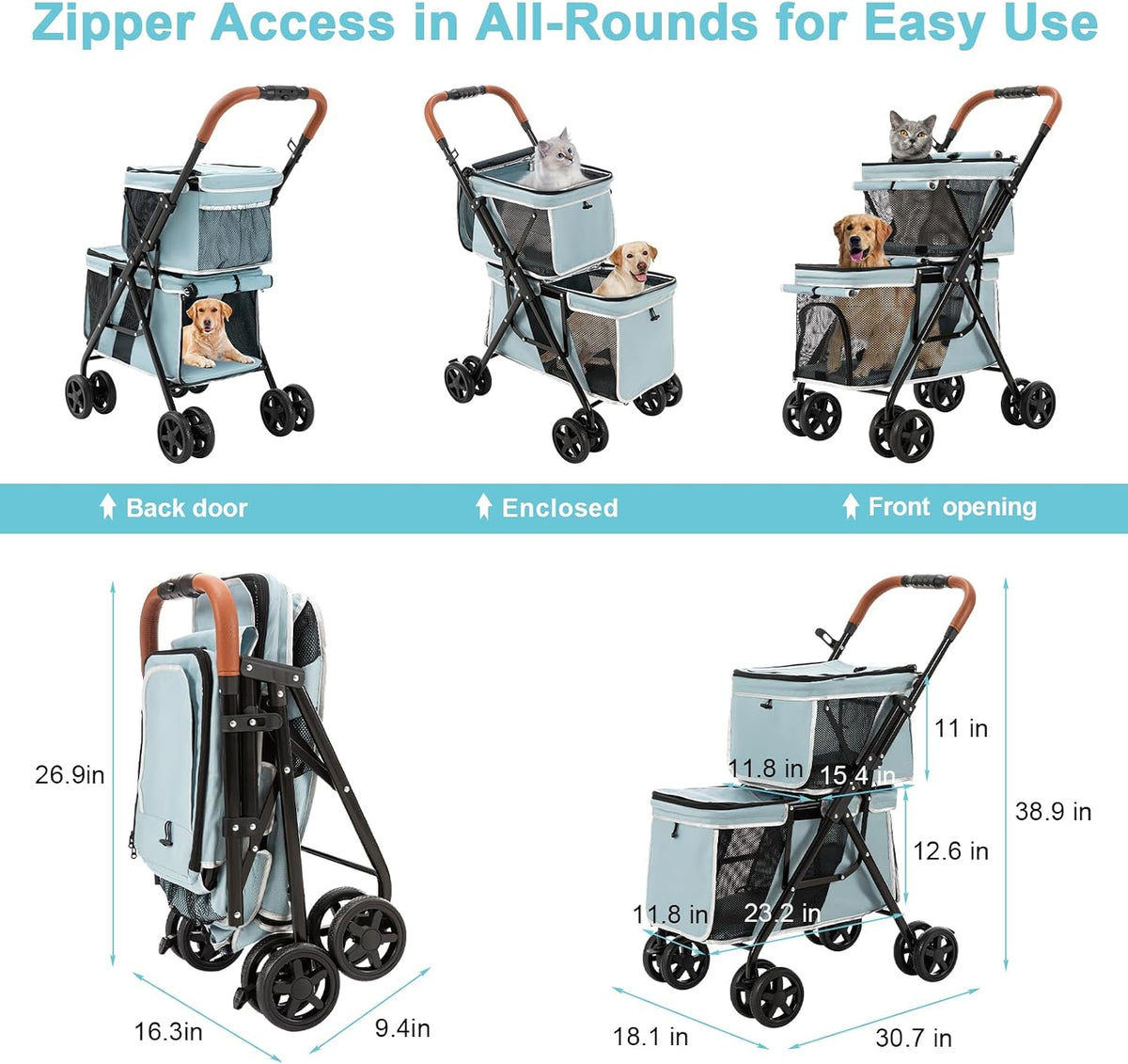 Double Pet Stroller for 2 Dogs & Cats, Double-Decker, Blue – Essentials for Dogs - Light Blue - image 3