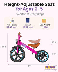 KRIDDO Tricycle for Toddlers 2-5 Years: Rubber Front Wheel - Pink - image 3