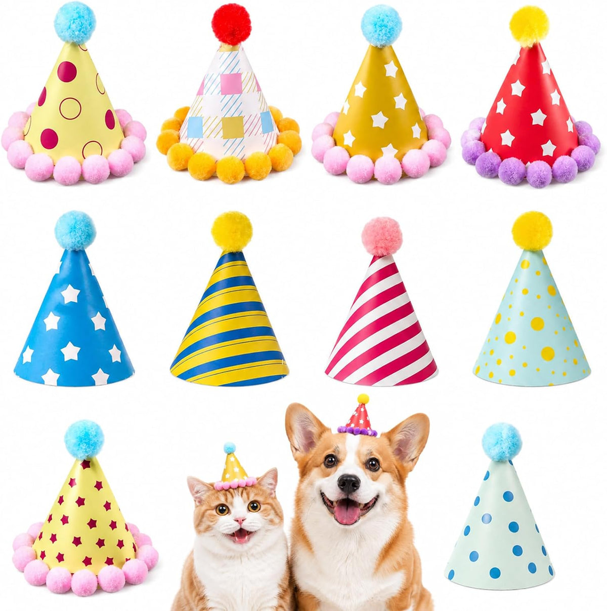 10pcs Colorful Mini Party Hats - Colorful Poms