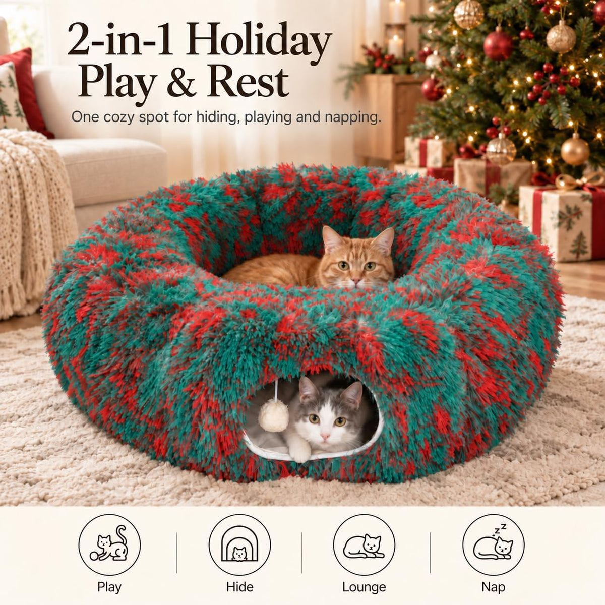 Warm Fluffy Plush Cat Dog Tunnel Bed Under Christmas Tree Big Tube - Green - image 2