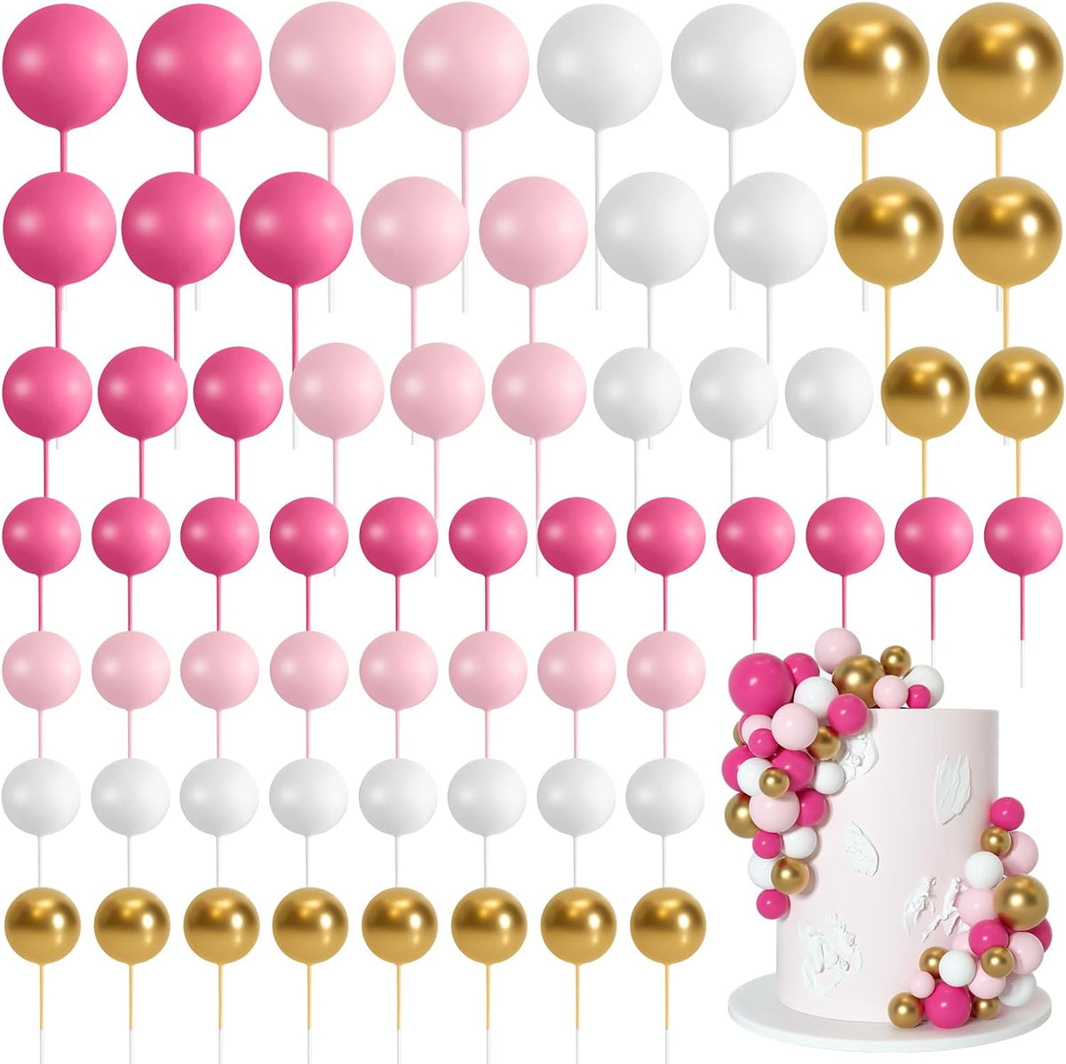 75 Pieces Cake Balls Topper Decorations Foam Cupcake Topper Mini - Rose Pink, Pink, Gold, White