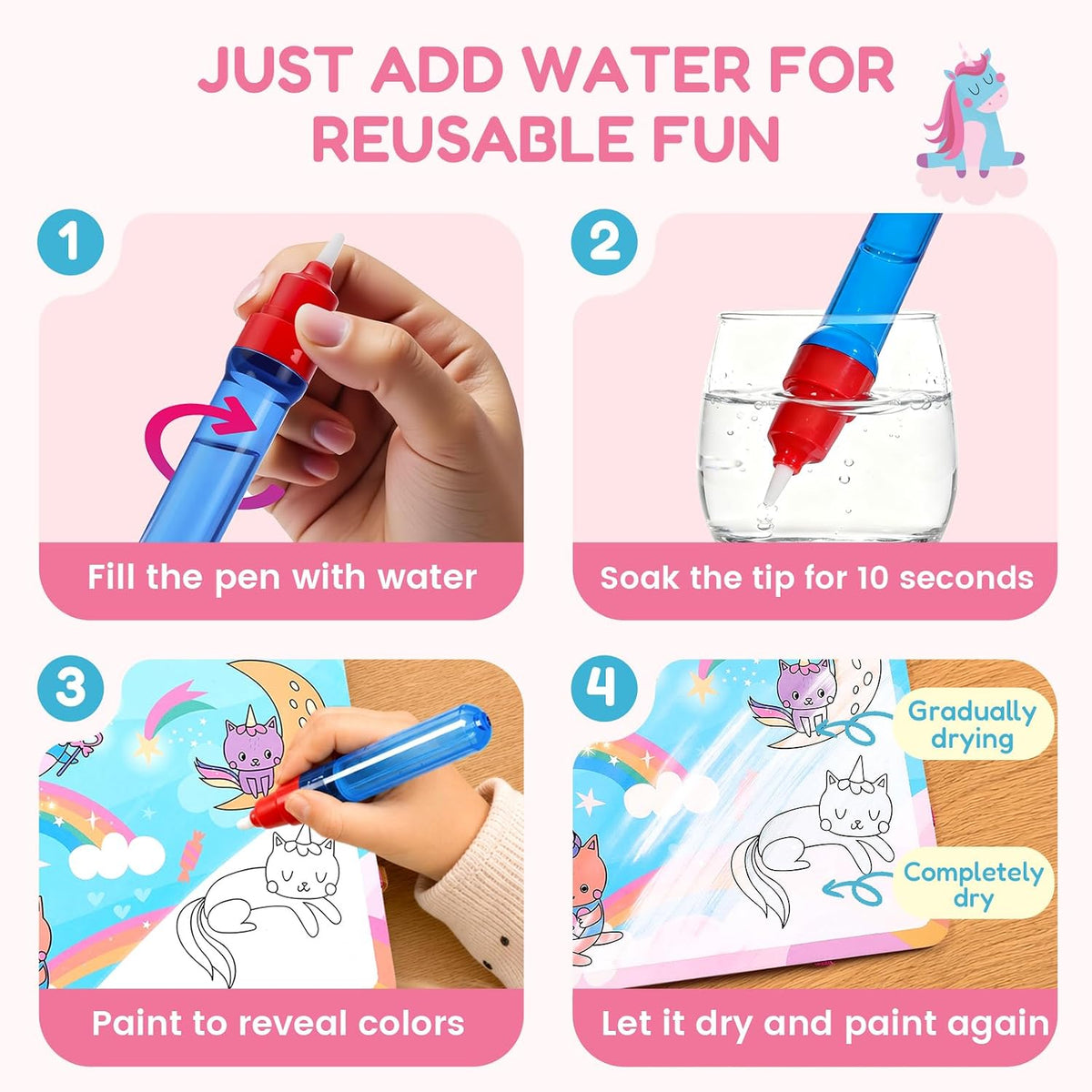 JoyCat Farm Water Coloring Book for Toddler Kids, 13 Pages - Magical Pony - image 2