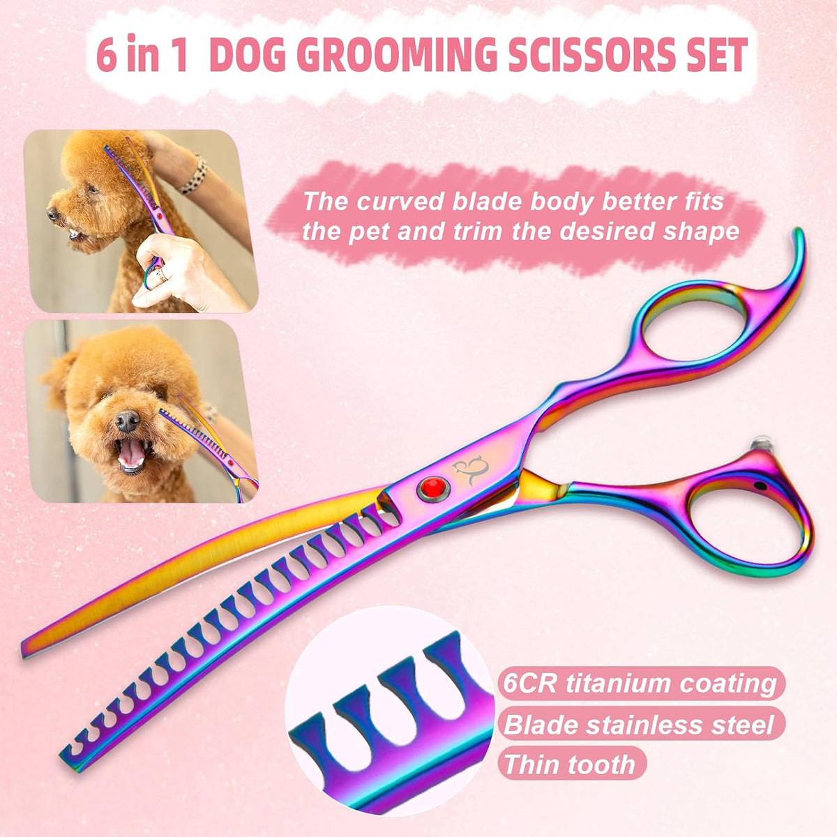 Dog Grooming Scissors-7" Dog Grooming Shears Set 6PCS Rainbow – Essentials for Dogs - image 4