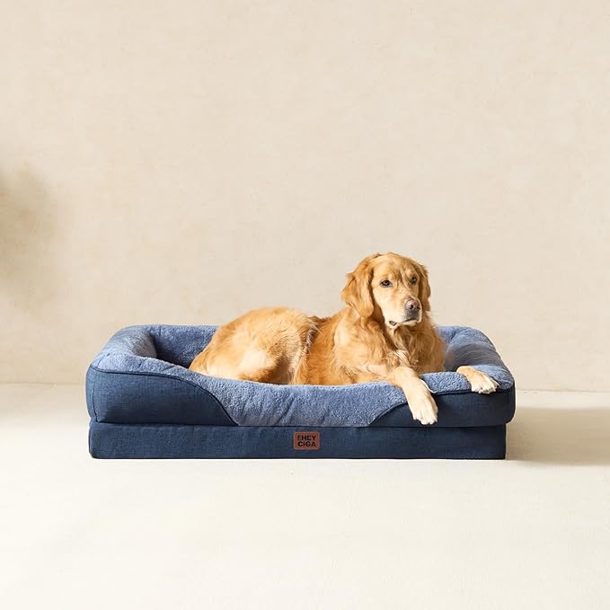 EHEYCIGA Memory Foam Dog Bed for Large Sized, Orthopedic Dog Sofa with Sides and Waterproof Liner, Washable Bolster Pet Couch with Removable Cover, 36x27x7 Inch, Navy