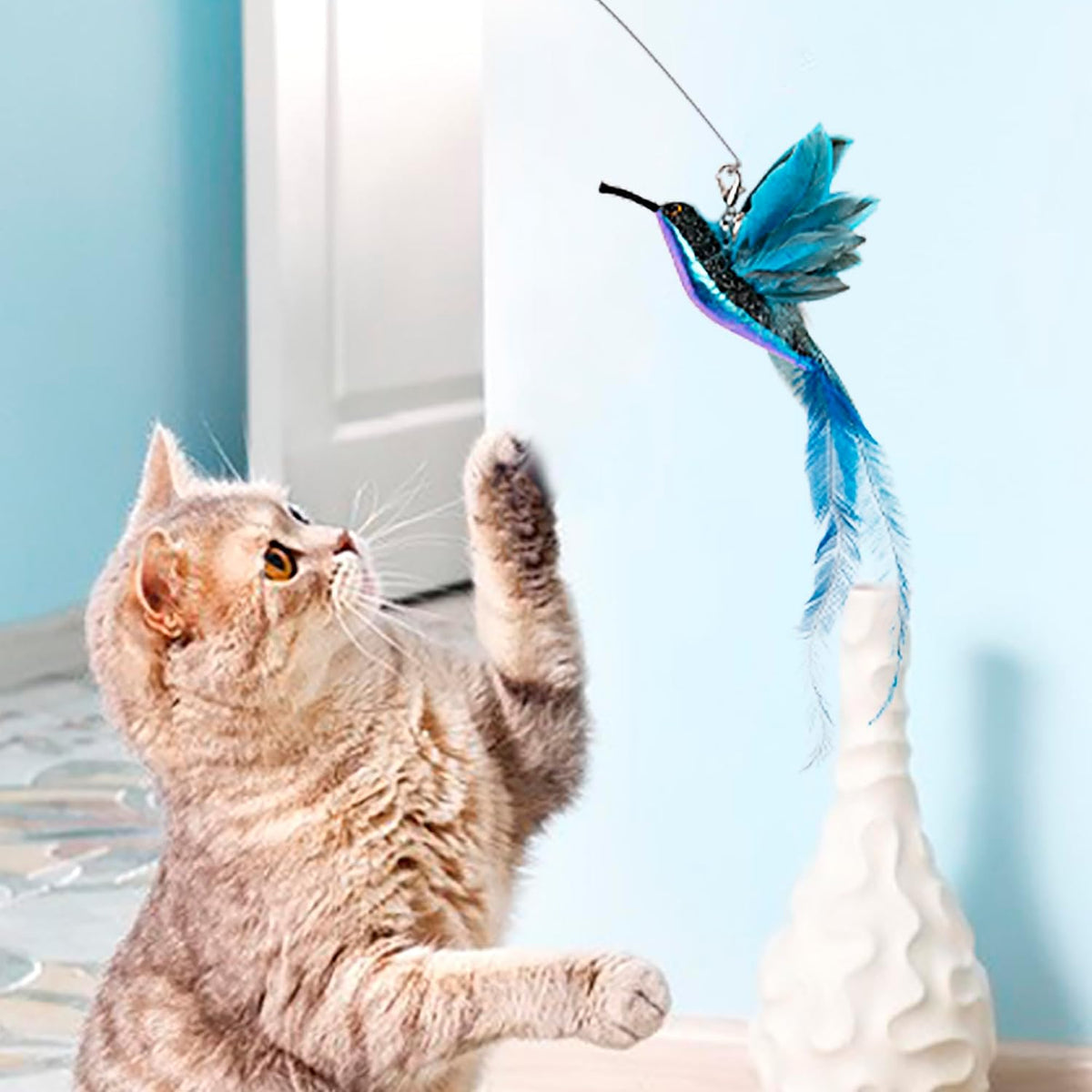 JXFUKAL Cat Toys - 2 in 1 Spring Cat Wand Toy with 2PCS Ultra-Long Cat Teaser, 4PCS Spring Steel - 6PCS REFILLS - image 4