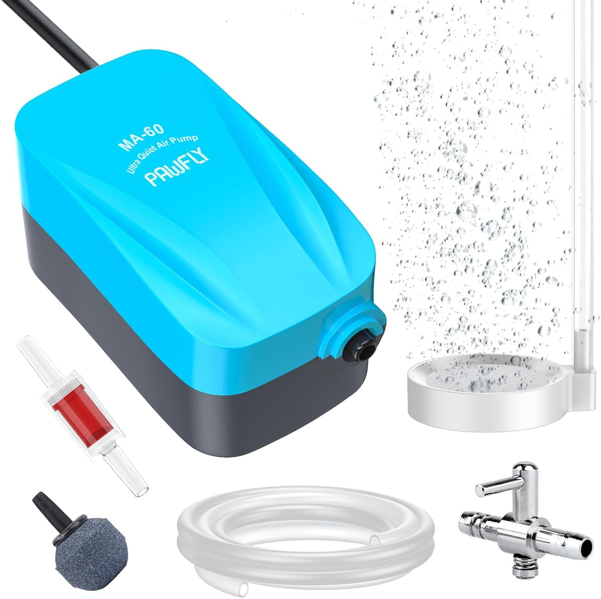 Pawfly Aquarium 15-40 GPH Compact Air Pump Quiet Oxygen Aerator Pump - 3-20 Gallon / With Nano-Bubble Disc