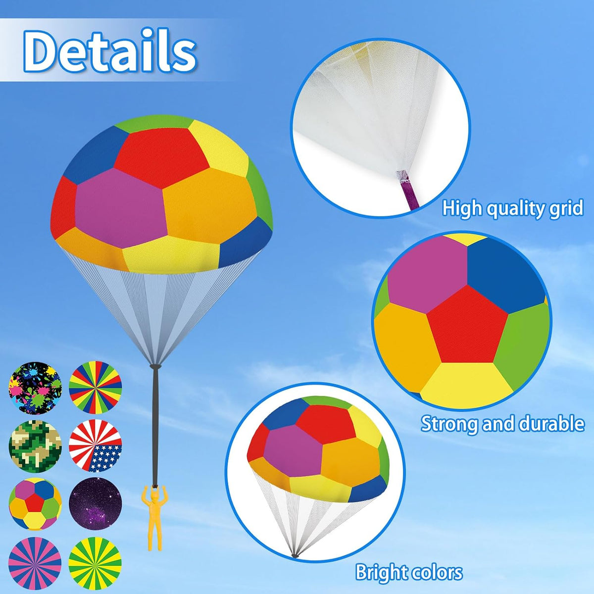 Ynybusi 10 pack parachute toys for kids with colorful patterned nylon canopies - view 12